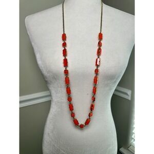 Kate Spade Coral Orange Acrylic Rectangle Stone Long Gold Tone Necklace Layering